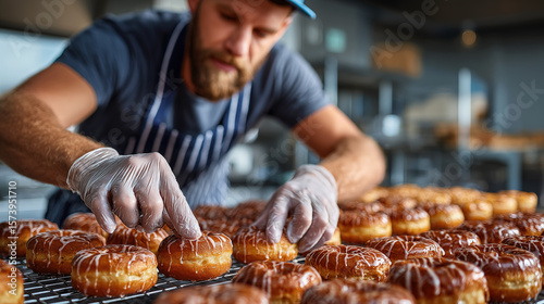 Close-up of a pastry chef preparing donuts in the bakery
