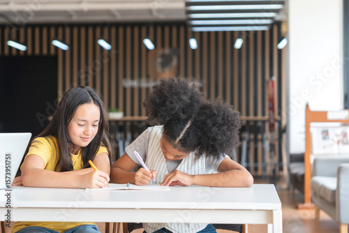 Canvas Print Diverse Young Girls Studying Together at School, Two Elementary Students Focused