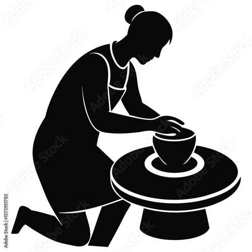 Silhouette of a Person Sculpting Clay on a Potter’s Wheel  Artistic Craft on White Background