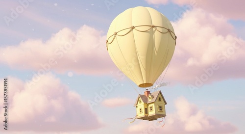 A balloon shaped like a house rising gently in a pastel sky