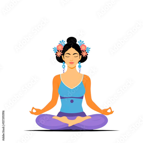 Woman in lotus pose meditating with flowers in hair and colorful attire