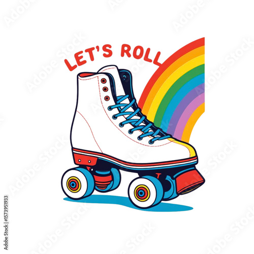 Retro roller skate with colorful rainbow and text let s roll