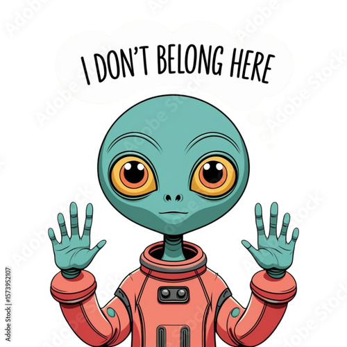 Cute cartoon alien in a spacesuit with a thought bubble saying i don t belong here