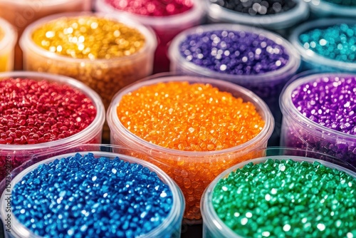 A close up of colorful plastic pellets in clear containers arranged in a group pattern view from above