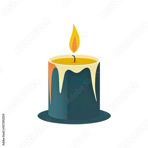 Stylized illustration of a lit teal candle with dripping wax and a warm flame