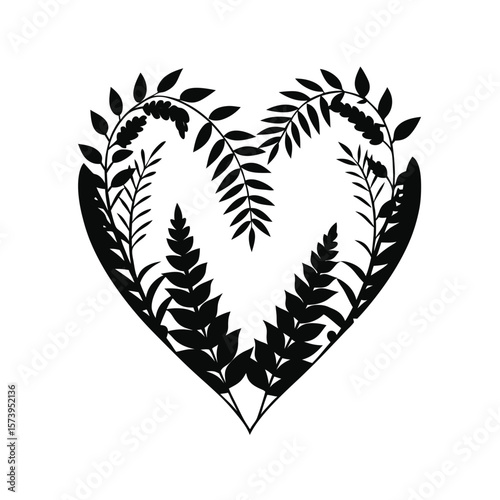 Botanical heart frame silhouette design for romantic floral crafts and elegant invitations