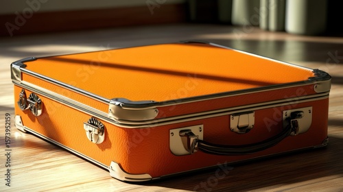 Orange suitcase on wood floor, sunlit room, travel