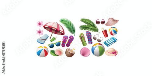 Print   Summer beach elements vector set. Summer colorful objects collection for outdoor trip vacation isolated in white background design. Vector illustration.