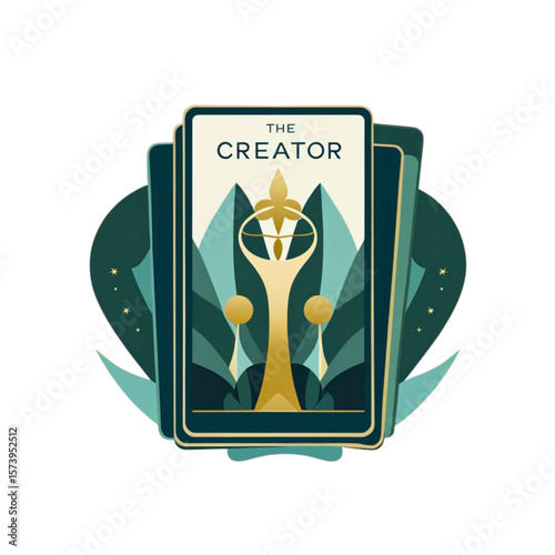 Artistic representation of the creator tarot card with golden emblem and teal accents