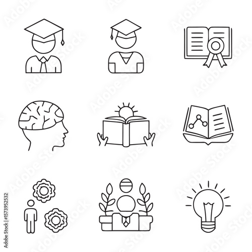 Academic Icons Collection: A thoughtfully curated set of linear illustrations represents pivotal themes of education. These icons symbolize wisdom, the journey of learning.