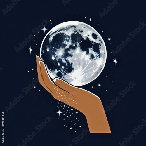 Hand holding a luminous full moon with sparkling stars and cosmic dust