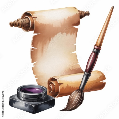 Illustration of a Scroll, Paintbrush, and Inkpot on a Simple Background in Watercolor Style