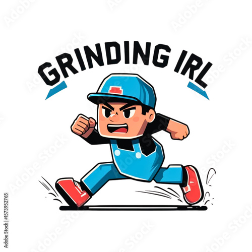 Cartoon character in overalls and cap running with determination and text grinding irl