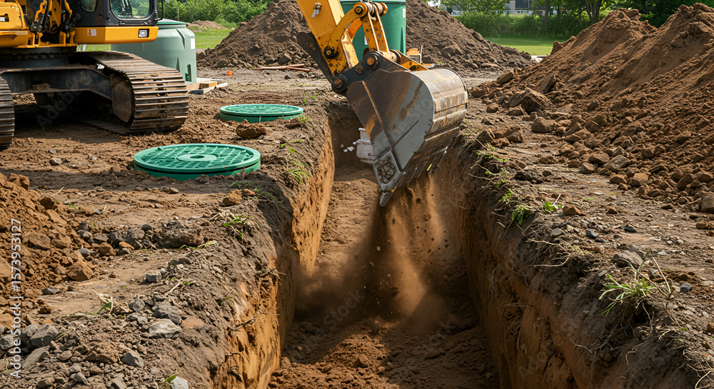 Fototapeta premium Excavator digging trench for septic system installation