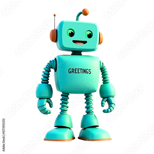 Friendly turquoise robot with the word greetings on its chest