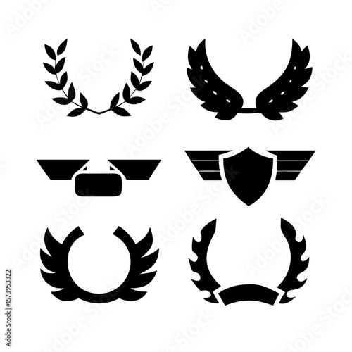 elegant laurel wreaths, shields, wings, and ribbon vector set.black-and-white vector pack of wreaths, shields, banners, and wings .Collection of six heraldic emblems with shields laurels helmet.
