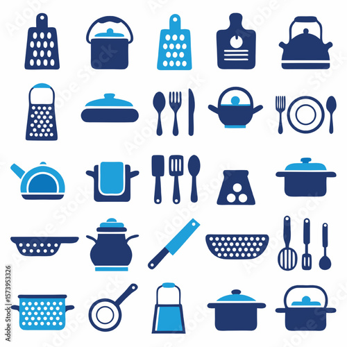 Kitchen Utensils Vector Set: A comprehensive illustration showcases an array of essential culinary tools and cookware, ideal for culinary and kitchen-related projects.