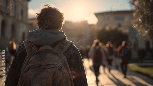 Student Backpack, Urban Campus, Walking Sunset, City Exploration, Person