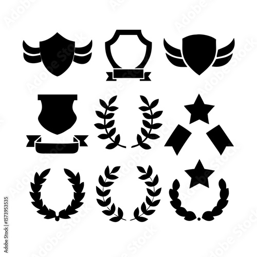 elegant laurel wreaths, shields, wings, and ribbon vector set.black-and-white vector pack of wreaths, shields, banners, and wings .Collection of six heraldic emblems with shields laurels helmet.

