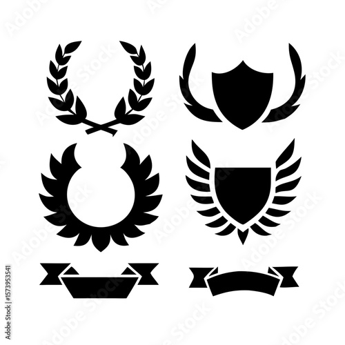 elegant laurel wreaths, shields, wings, and ribbon vector set.black-and-white vector pack of wreaths, shields, banners, and wings .Collection of six heraldic emblems with shields laurels helmet.
