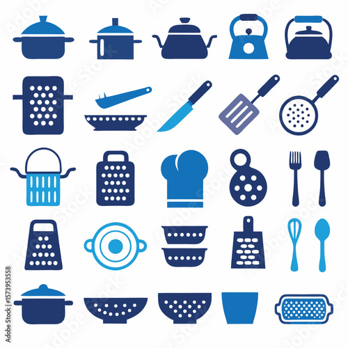 Kitchen Utensils Collection: A visual symphony of culinary tools, meticulously arranged in a flat, clean, and colorful illustration. Ideal for culinary concepts, food blogs, or graphic design assets.