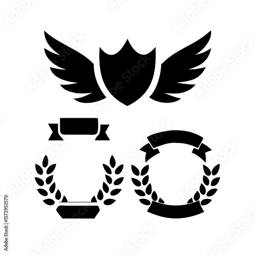 elegant laurel wreaths, shields, wings, and ribbon vector set.black-and-white vector pack of wreaths, shields, banners, and wings .Collection of six heraldic emblems with shields laurels helmet.
