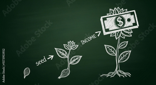 Financial Growth Concept on Blackboard with Money Plant Drawing