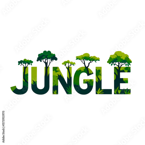 The word jungle creatively designed with lush green foliage and trees