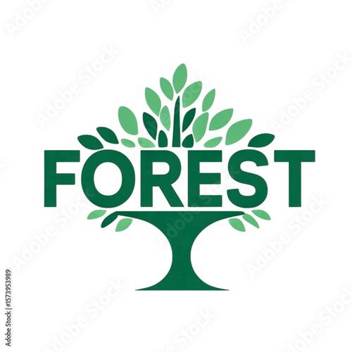 Stylized green forest text logo with tree branches and leaves