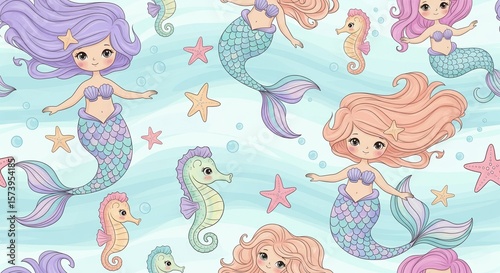Cute mermaids swimming with seahorses and starfish in pastel ocean – children’s seamless pattern, girly theme.