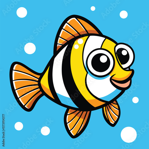 Cheerful cartoon fish swimming in blue water tropical fish
