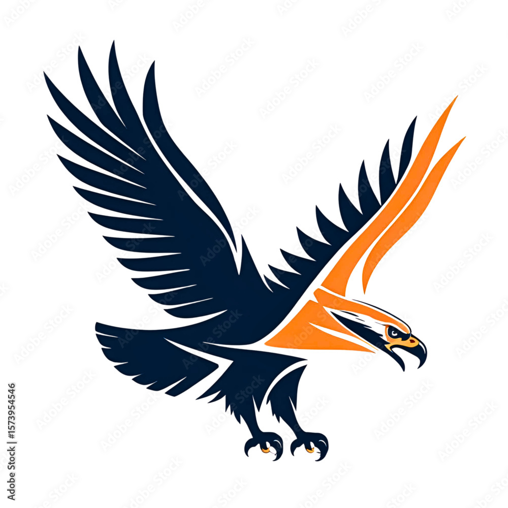 Obraz premium Stylized dark blue and orange eagle in flight with wings spread wide
