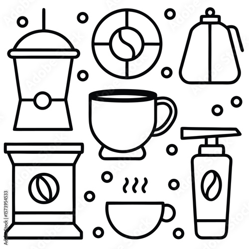 Coffee shop icons beverage brewing and serving kettle
