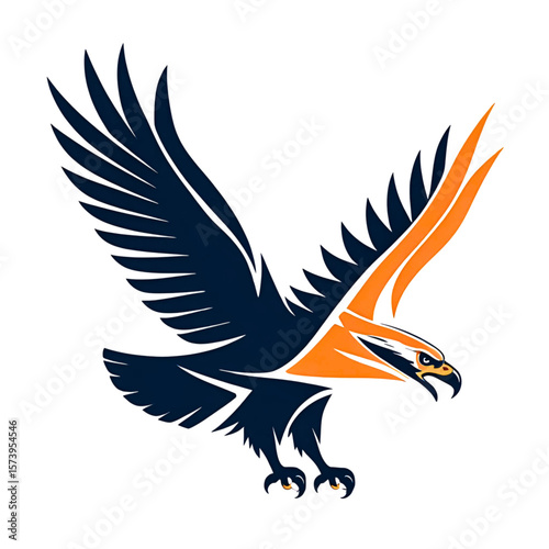 Stylized dark blue and orange eagle in flight with wings spread wide