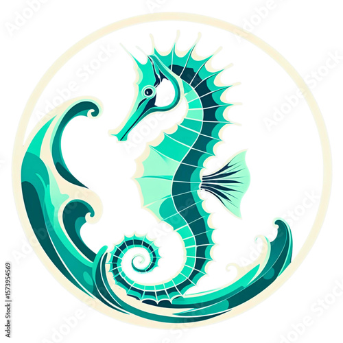 Wallpaper Mural Stylized seahorse with flowing waves in a circular emblem against a black background Torontodigital.ca