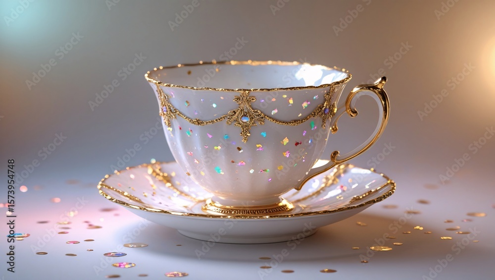 Fototapeta premium Ornate porcelain teacup with gilded accents and iridescent confetti saucer white