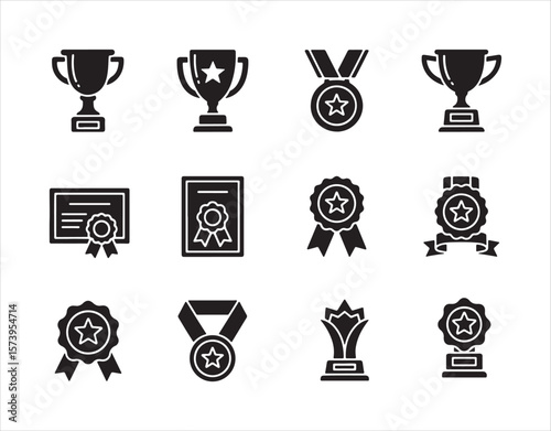 Bold silhouette icons representing awards, honors, and recognition symbols.