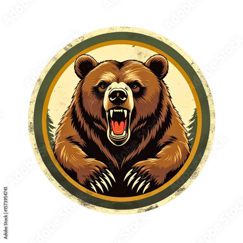 Fierce grizzly bear roaring with sharp claws extended in a circular emblem design