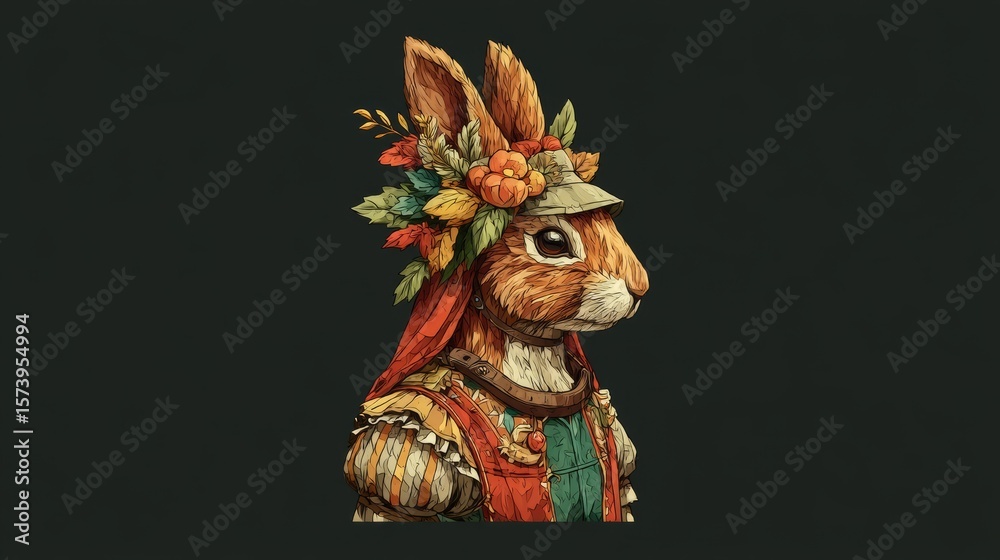 Obraz premium Chipmunk Animal Portrait With Tiny Flowers And Nuts. Detailed Character Design In A Soft Pastel Watercolor Style. Vector Illustration Of A Cute Rodent On A Dark Background For Kids