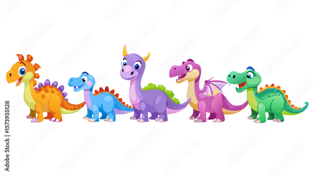 Naklejka premium Colorful Cartoon Dinosaurs – Playful 3D Illustration with Vibrant Rounded Dinosaurs