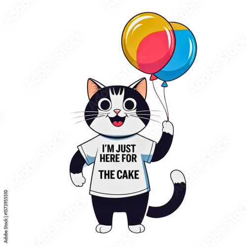 Funny cartoon cat wearing a t shirt that says i am just here for the cake holding balloons