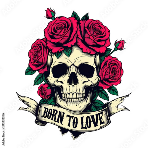 Skull adorned with red roses and a banner that says born to love