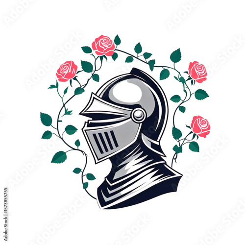 Medieval knight helmet adorned with pink roses and greenery