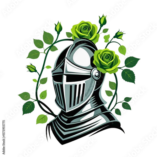 Medieval knight helmet adorned with green roses and vines