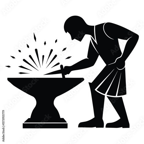 Silhouette of a Blacksmith Forging Metal on Anvil Traditional Craftsmanship on White Background