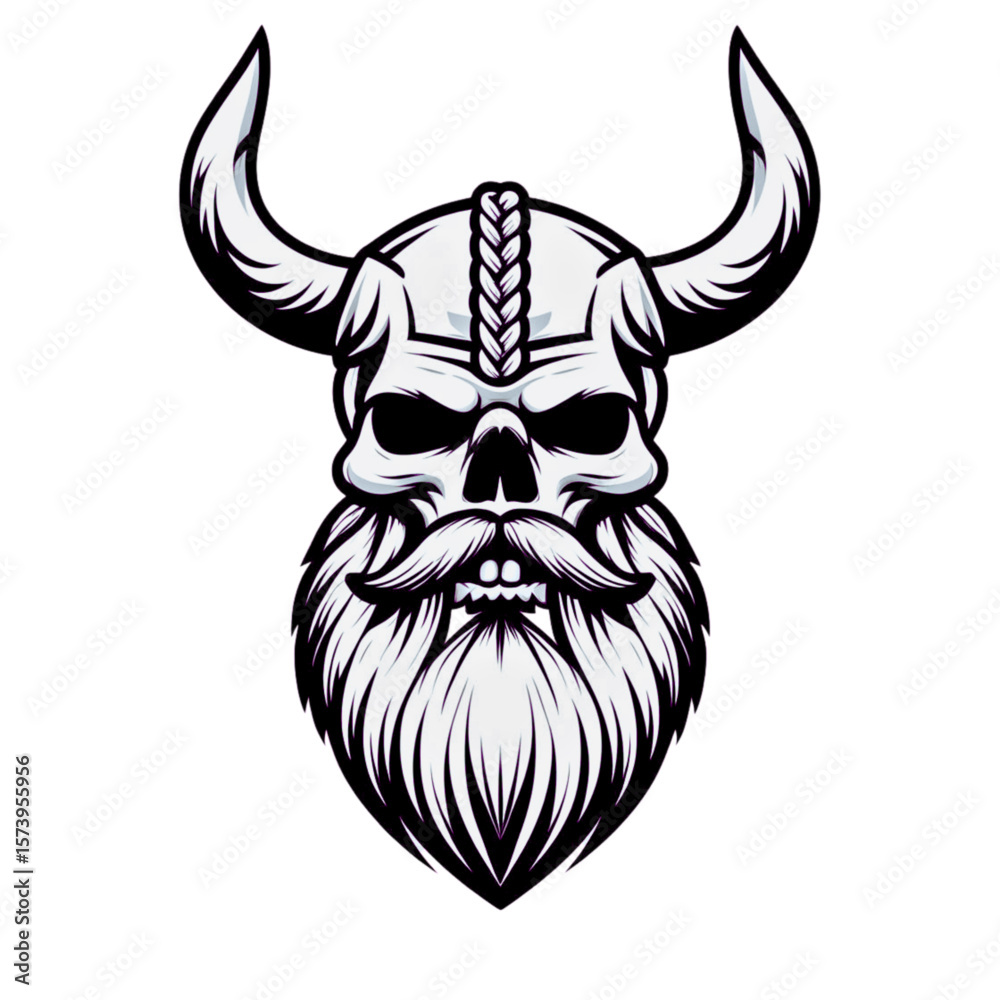 Fototapeta premium Stylized viking skull with horns and braided hair