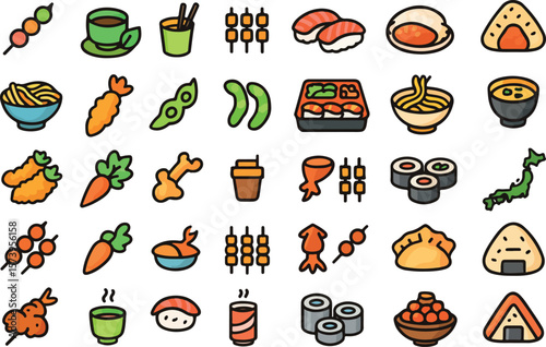A Collection of Japanese Food and Drink Icons Featuring Various Dishes and Beverages for Culinary Presentations and Design Projects