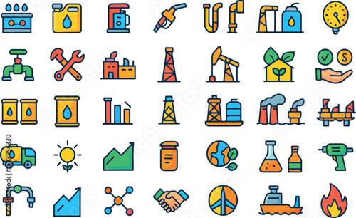 Set Of Vector Icons Representing The Oil And Gas Industry Energy Production Extraction And Renewable Resources