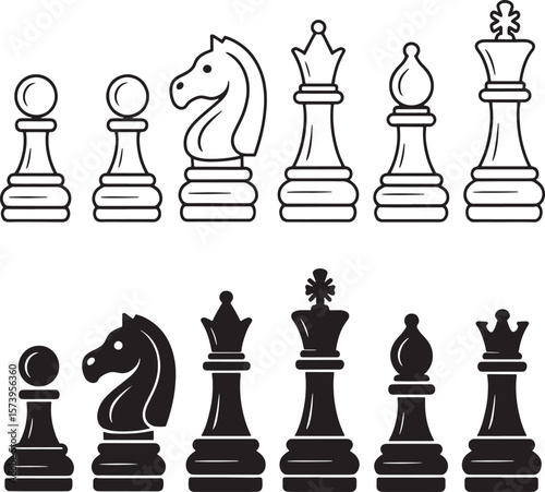 Black and white chess pieces set including pawn knight queen king bishop vector illustration clipart