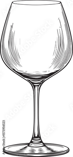 Empty Wine Glass Wineglass Vector Illustration, Sketch Drawing Line Linear Symbol Icon Engraving Coloring Book, Hand-drawn Black and White Isolated
